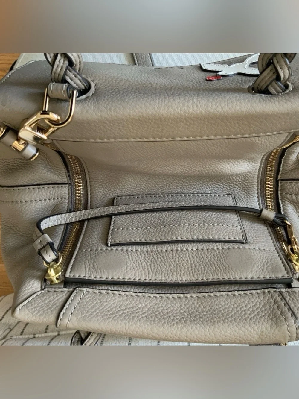 TORY BURCH PEACE LOVE HALF MOON SATCHEL FRENCH GRAY EUC